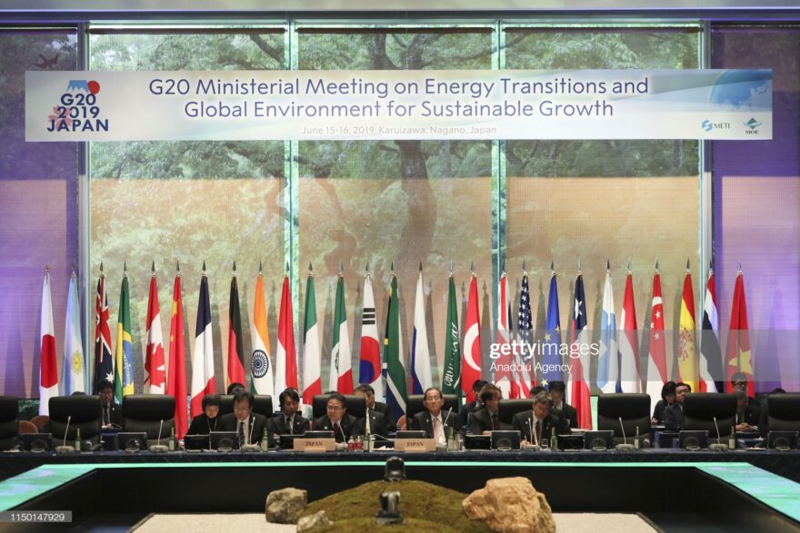 NAGANO, JAPAN - JUNE 15: Turkish Environment and Urbanization Minister, Murat Kurum and Turkish Energy and Natural Resources Minister Fatih Donmez attend the G20 Environment and Energy Ministers meeting in Nagano, Japan on June 15, 2019. (Photo by Abdulhamit Topal/Anadolu Agency/Getty Images)