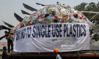JAKARTA, INDONESIA - JULY 21: Environmental activists march to protest single-use plastics alongside 4-meter-tall Anglerfish plastic monsters made from various plastic wastes along MH Thamrin road in Jakarta, Indonesia on July 21, 2019. The parade aimed to encourage the public to stop using single-plastic and urged the government to immediately stop importing waste from abroad. (Photo by Eko Siswono Toyudho/Anadolu Agency via Getty Images)